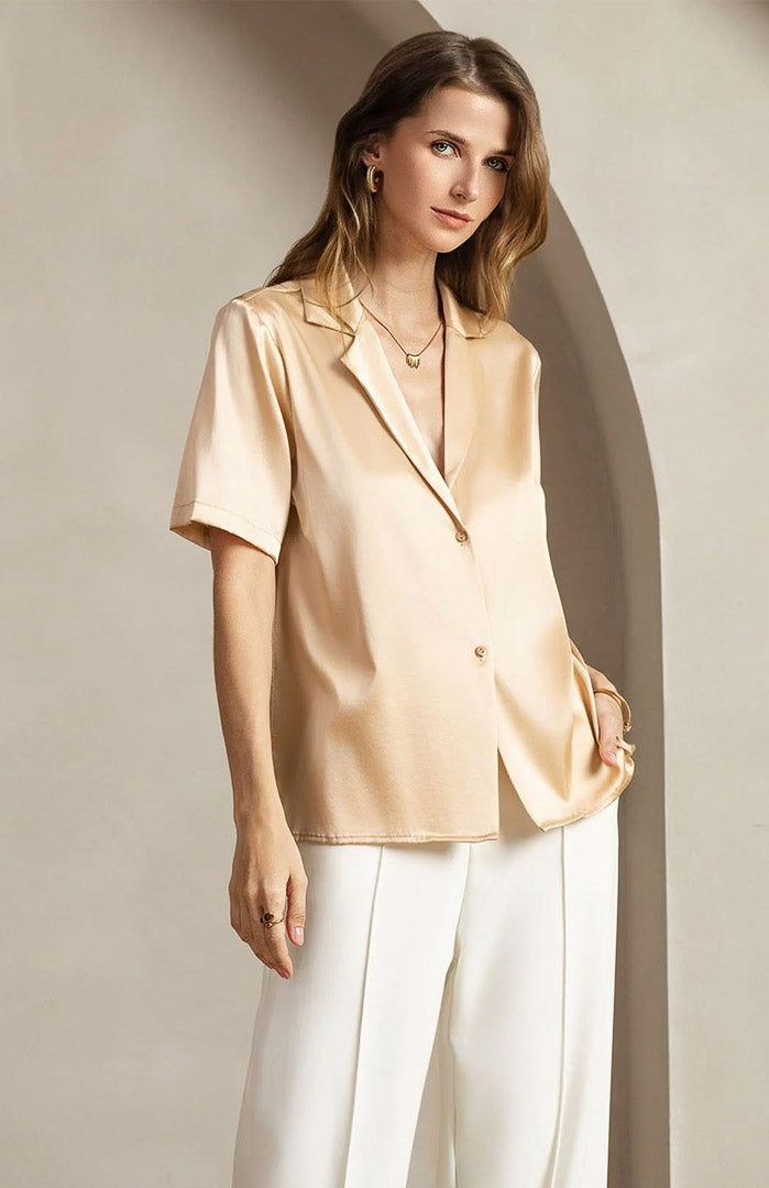 Golden Charm | Gold Satin Short-Sleeve Shirt