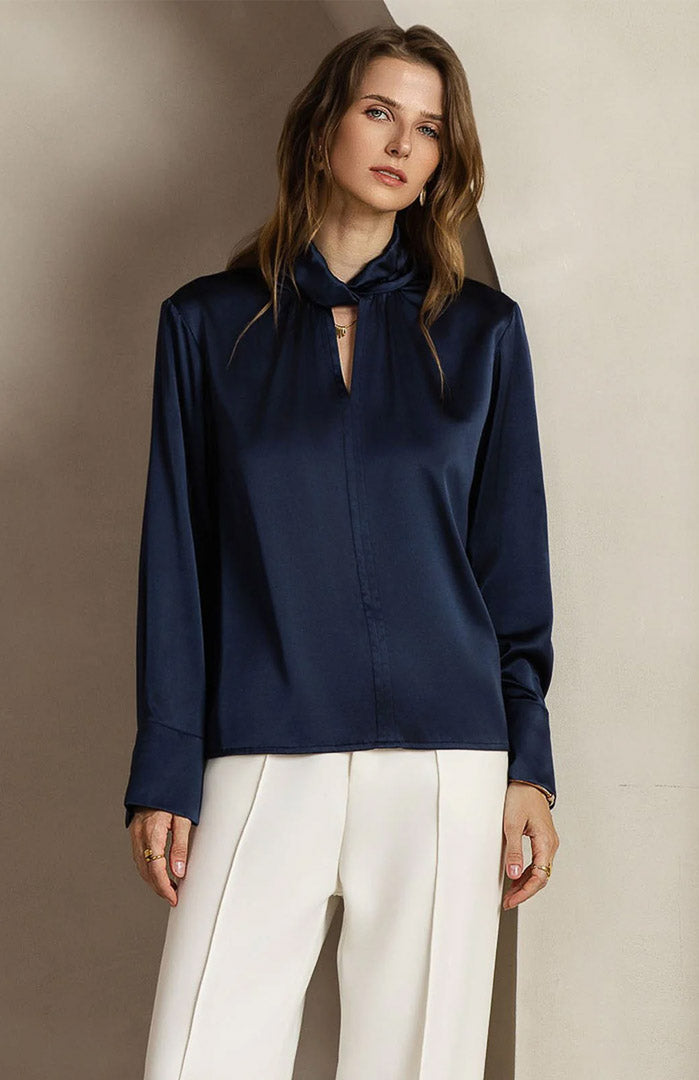 Midnight Poise | Navy Satin Designer-Neck Shirt