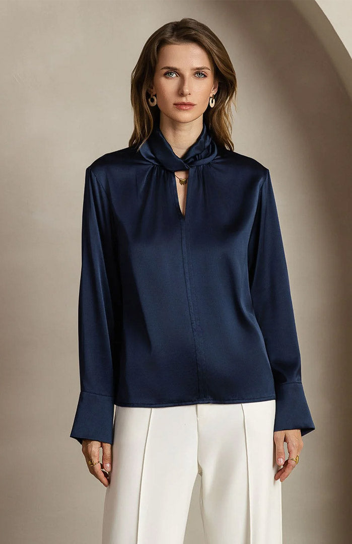Midnight Poise | Navy Satin Designer-Neck Shirt