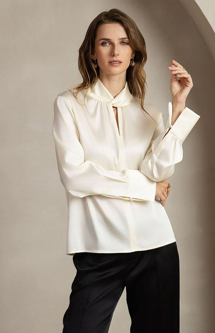 Ivory Elegance | White Satin Designer-Neck Shirt