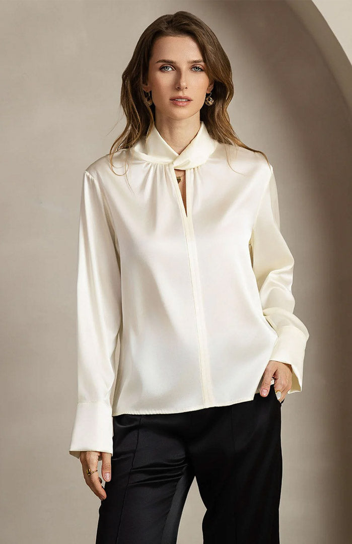 Ivory Elegance | White Satin Designer-Neck Shirt