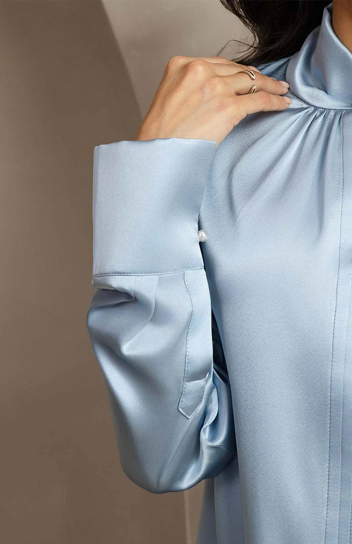 Celeste Grace | Powder Blue Satin Designer-Neck Shirt