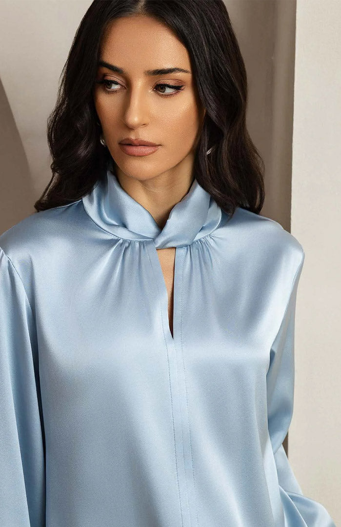 Celeste Grace | Powder Blue Satin Designer-Neck Shirt
