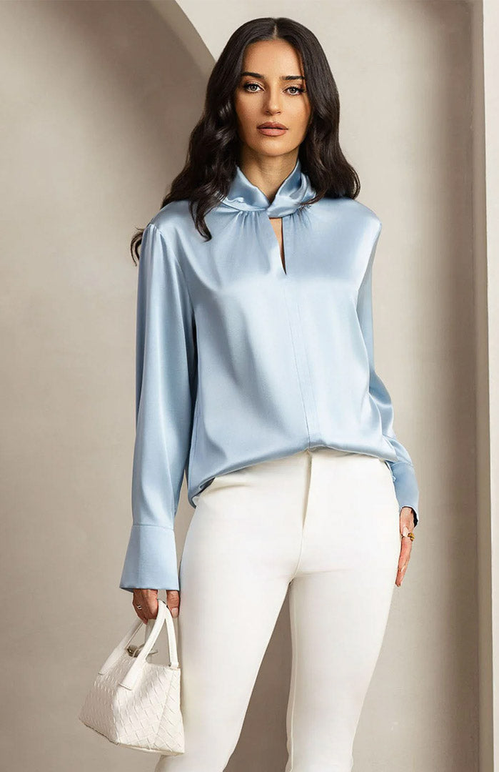 Celeste Grace | Powder Blue Satin Designer-Neck Shirt