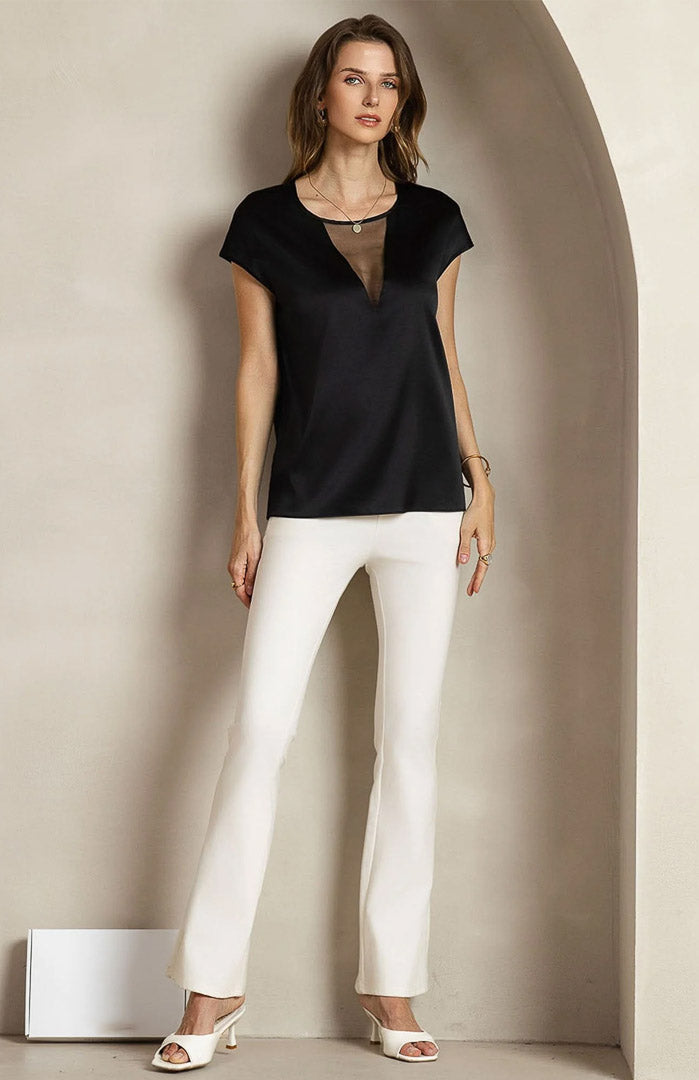Noir Allure | Black Satin Sheer V-Neck Top