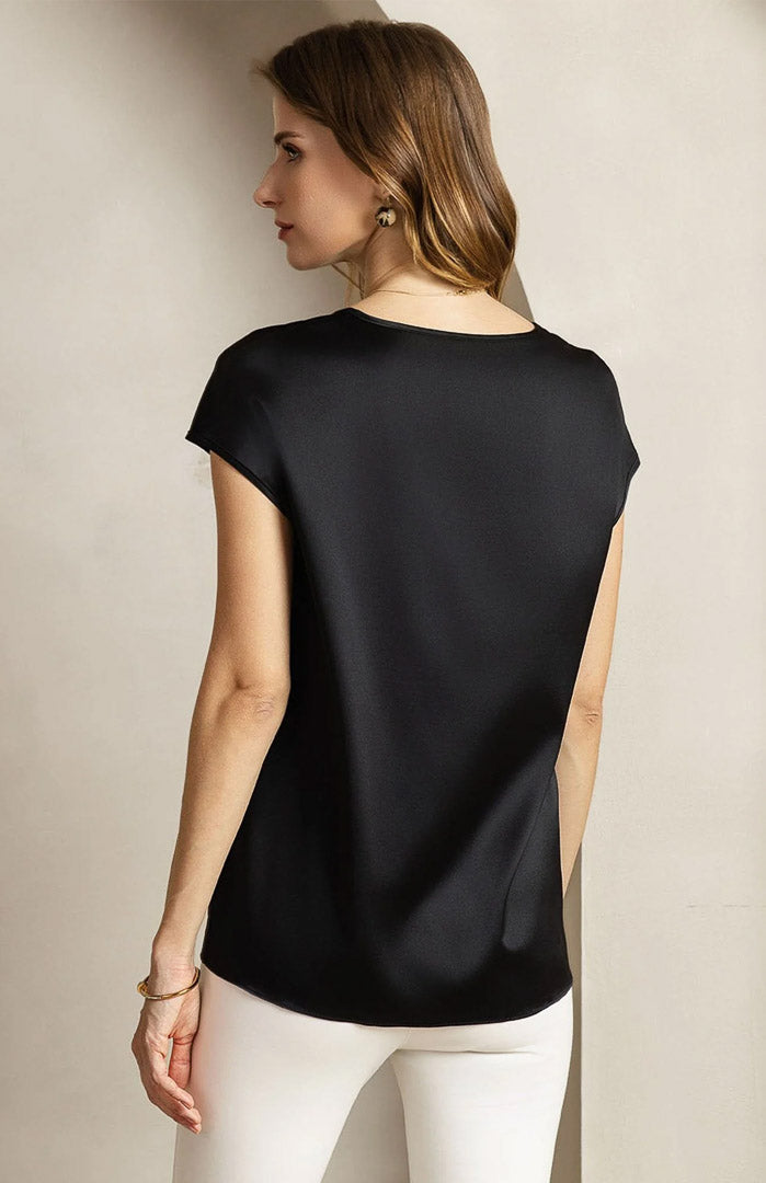 Noir Allure | Black Satin Sheer V-Neck Top