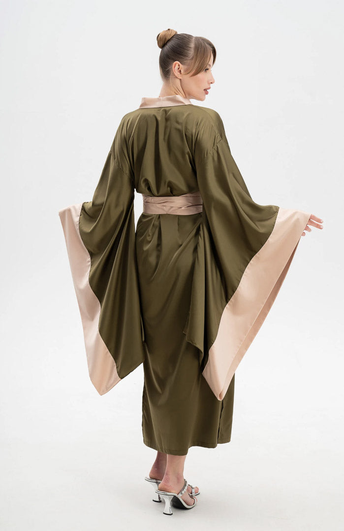 Olive Enchanté | Satin Kimono Contrast Robe with Flowing Sleeves