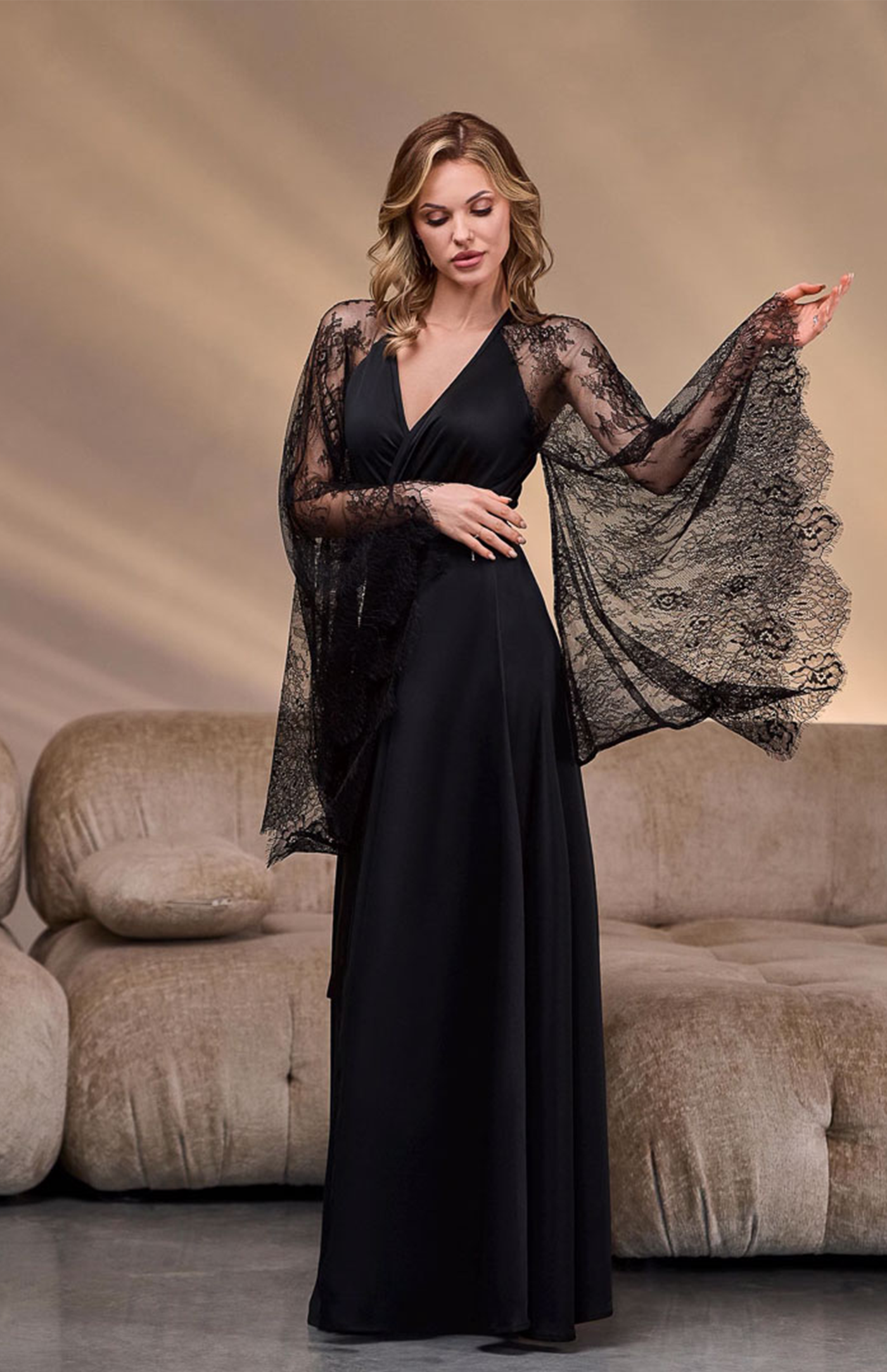 The Black Swan | Lace-Sleeve Satin Kimono Robe for Women