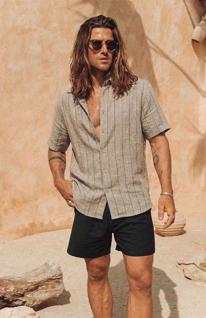Sahara Drift | Beige Striped Linen Blend Resort Shirt