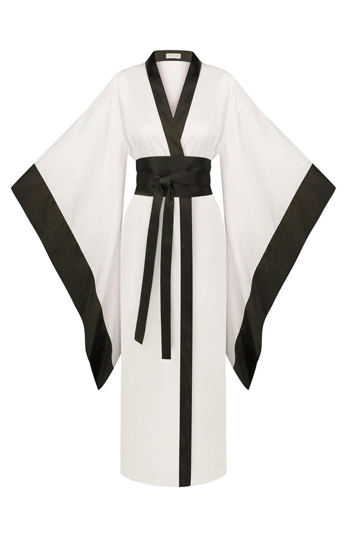 Midnight Serenity | White & Black Satin Kimono Robe with Flowing Sleeves