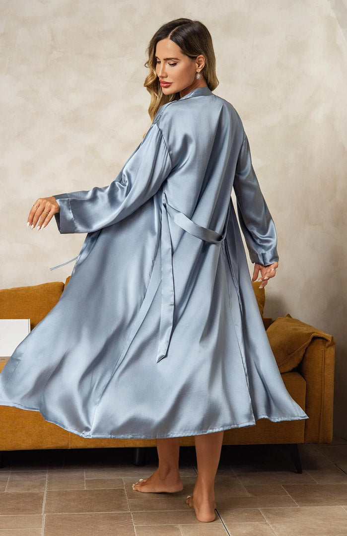 Blue Amour | Light Blue Satin Robe Nightwear Set