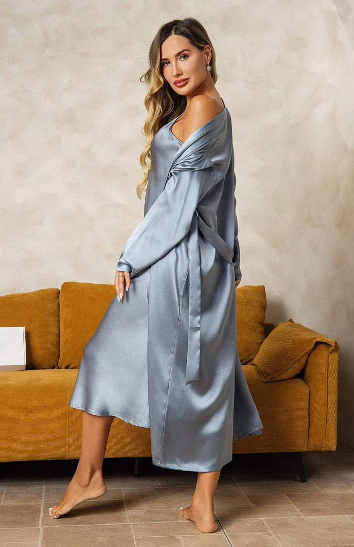 Blue Amour | Light Blue Satin Robe Nightwear Set