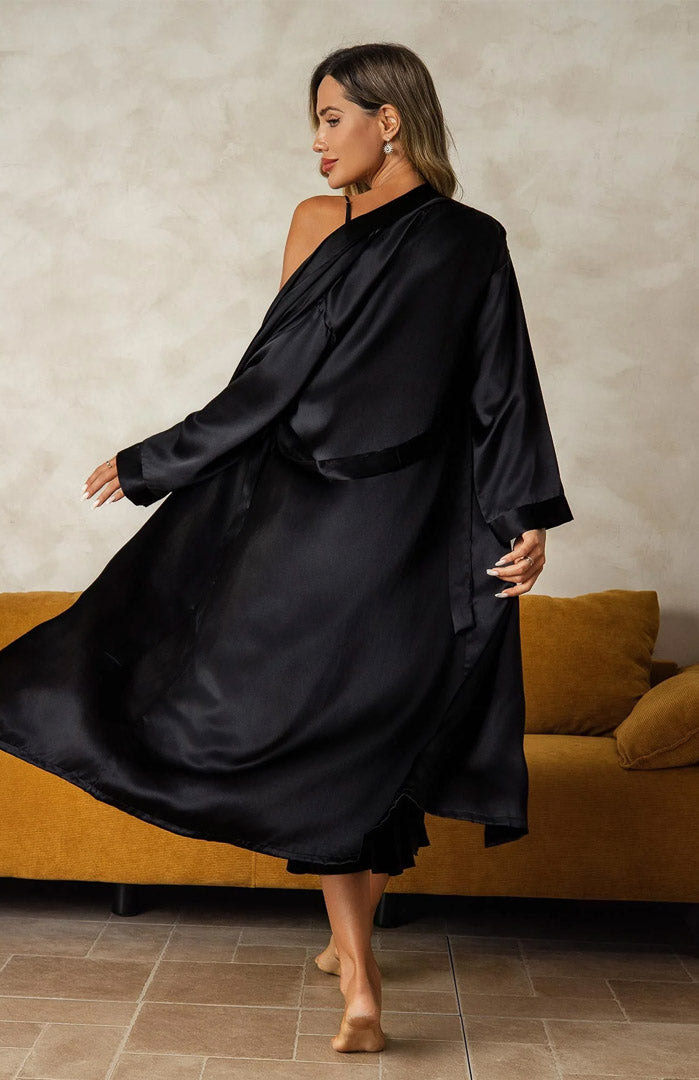 Noir Desire | Black Satin Robe Nightwear Set