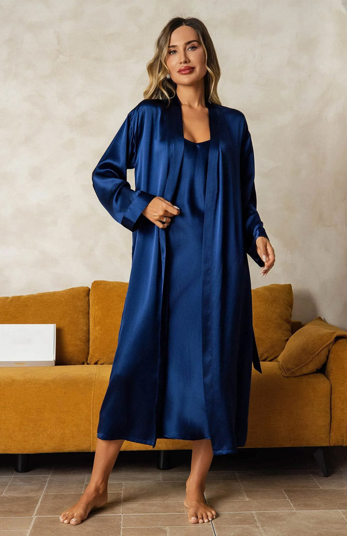 Midnight Enchanté | Blue Satin Robe Nightwear Set