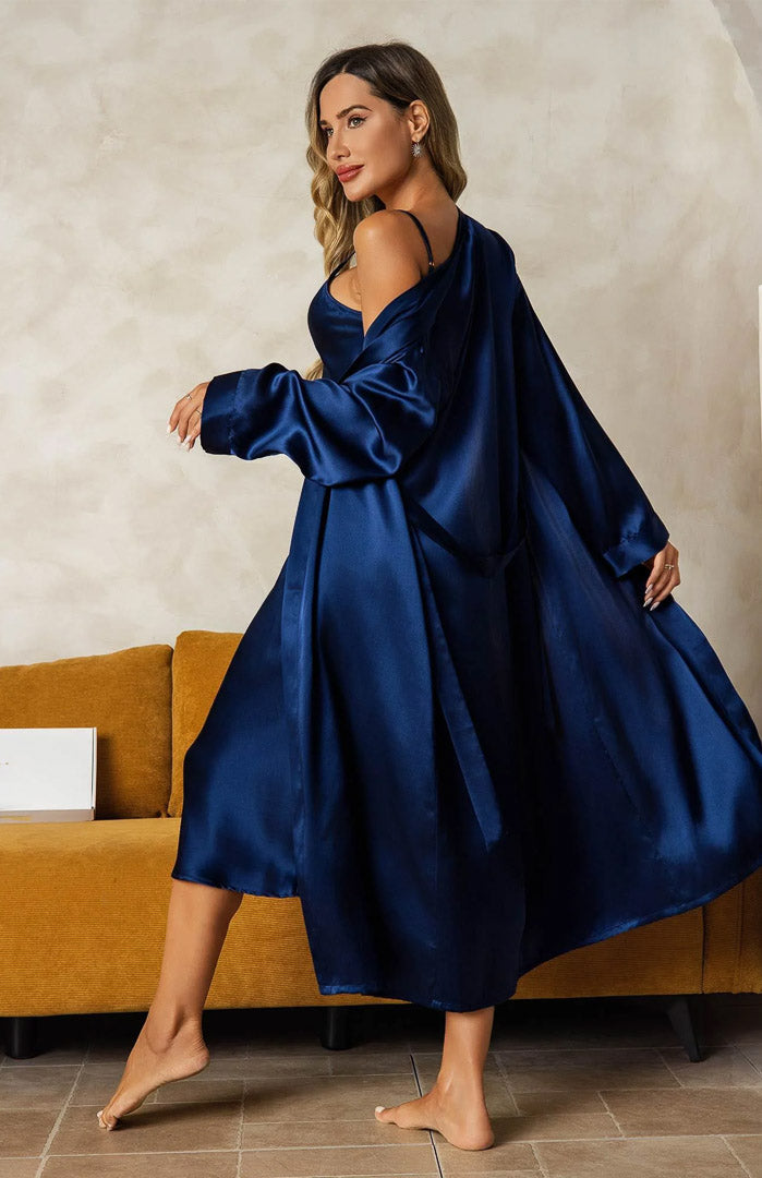 Midnight Enchanté | Blue Satin Robe Nightwear Set