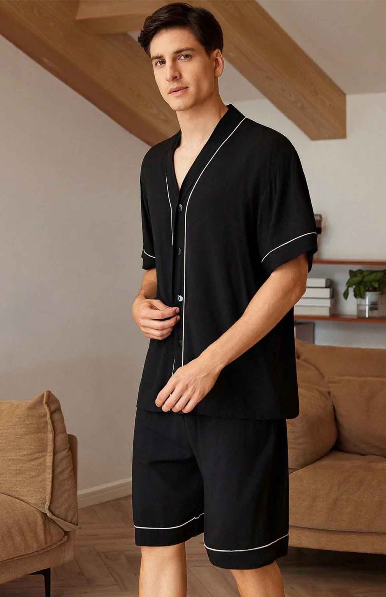 Black Satin Loungewear Set | Shorts and Shirt Co-ord Set