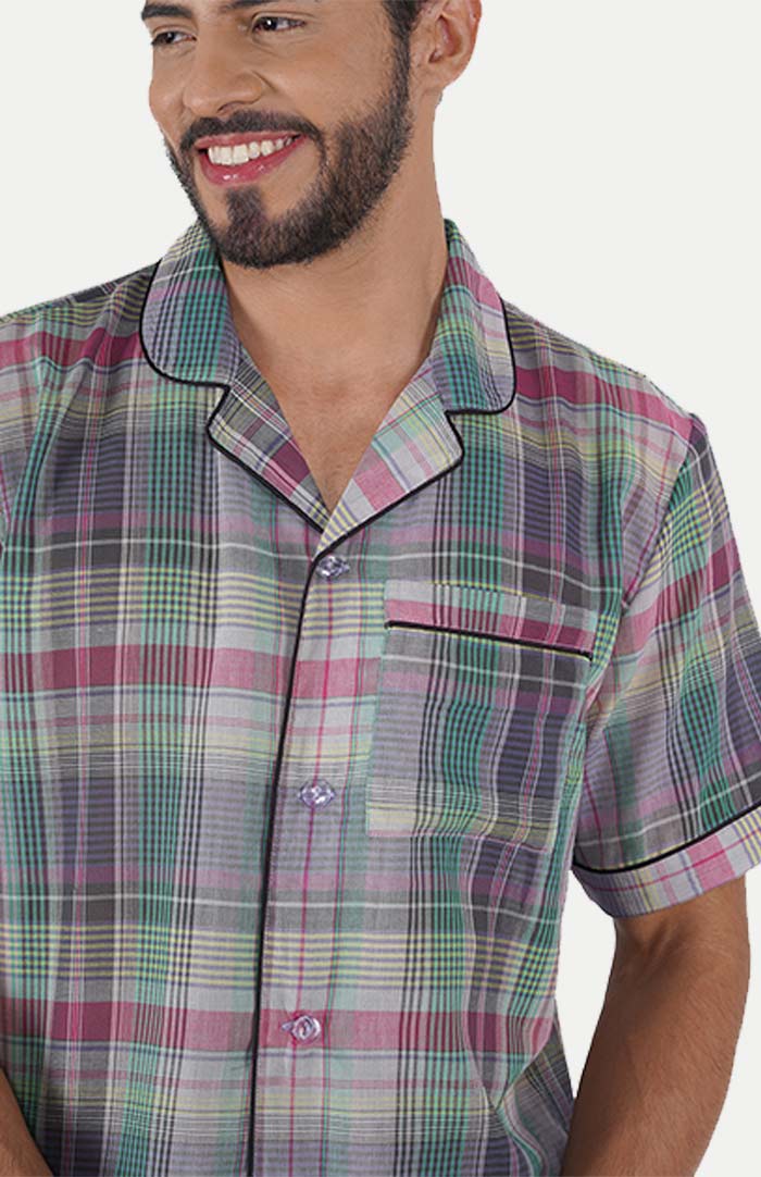 Luxeliv-mens-loungewear-Lavendar-_-green-checkered-shirt--shorts-co-ord-set