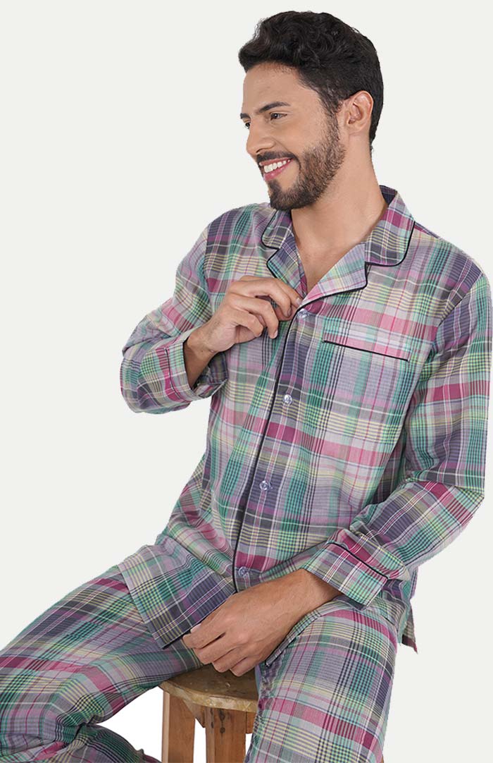 Lavender Checkered Loungewear Set Cotton Co-ord Set for Men | Luxeliv