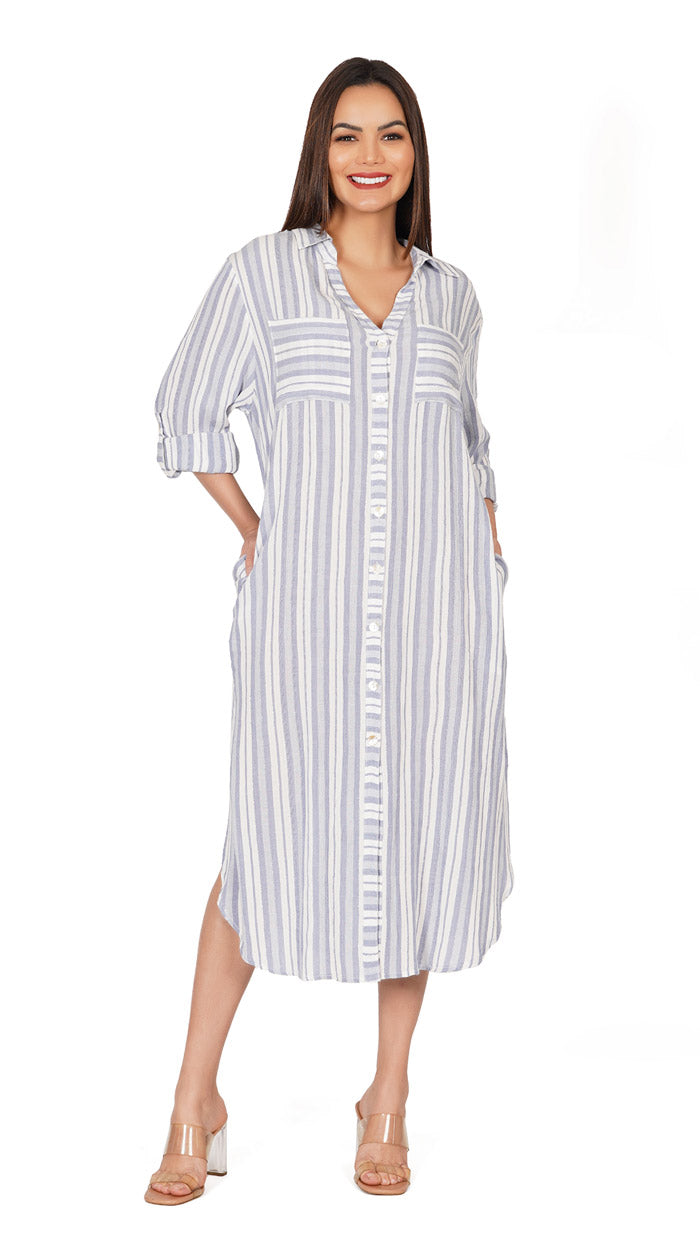 Striped V-Neck Long Button Dress for Women | Luxeliv
