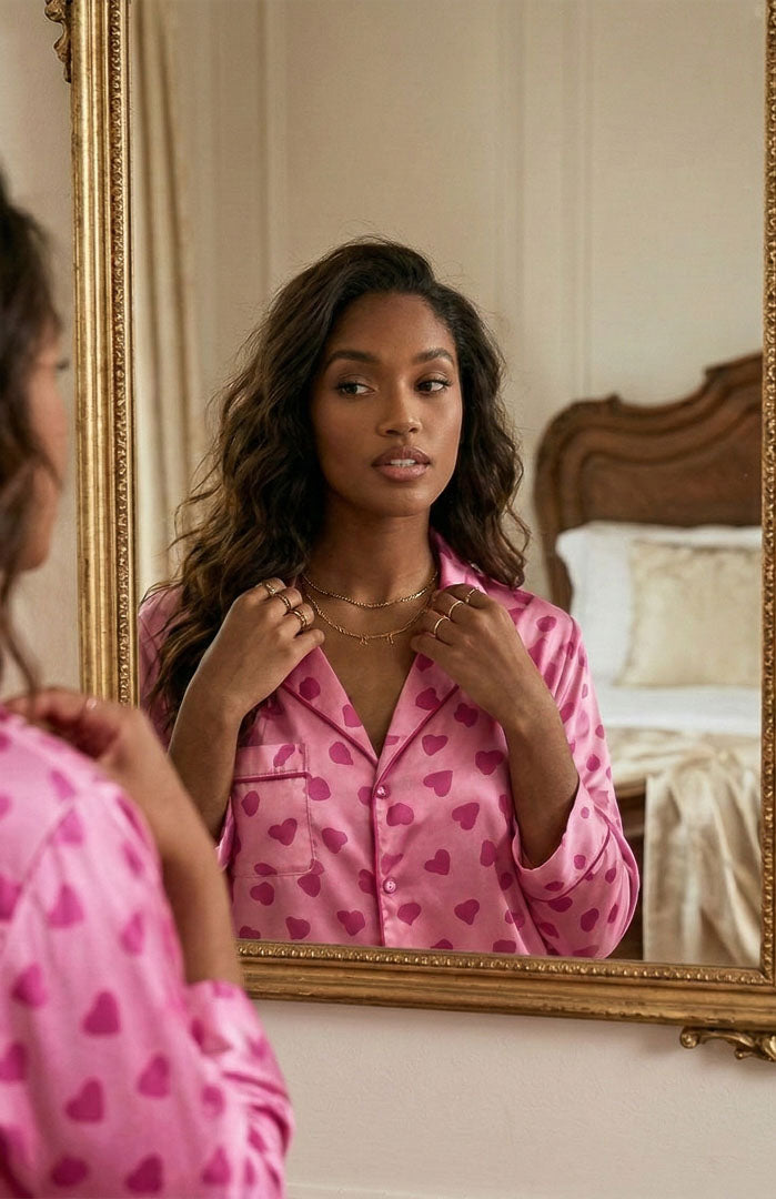 Love Story | Pink Hearts Printed Satin Loungewear