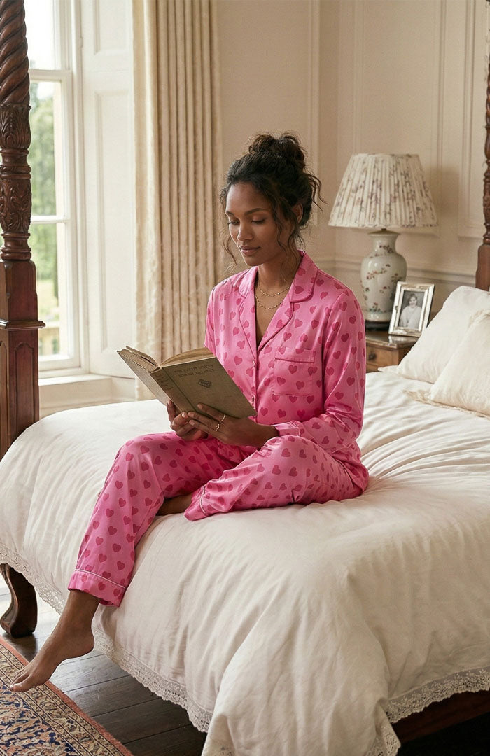 Love Story | Pink Hearts Printed Satin Loungewear