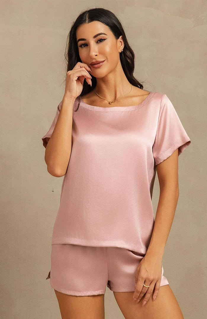 Blush Haven | Blush Pink Satin Tee & Shorts Set