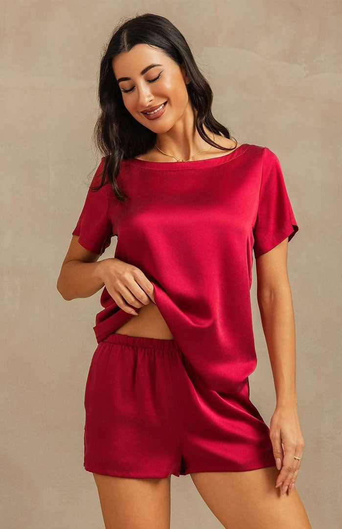 Crimson Muse | Red Satin Tee & Shorts Set