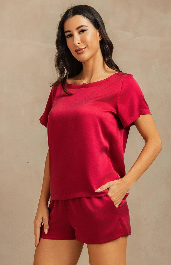 Crimson Muse | Red Satin Tee & Shorts Set