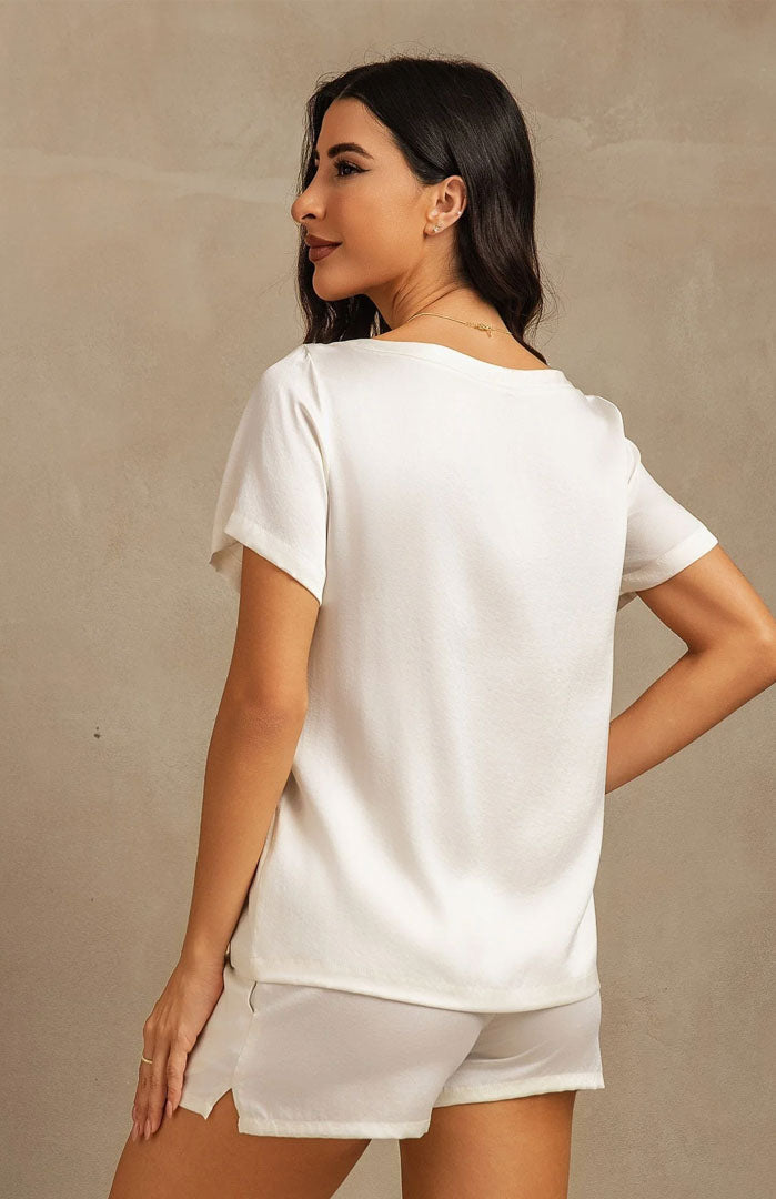 White Serenity | White Satin Tee & Shorts Set