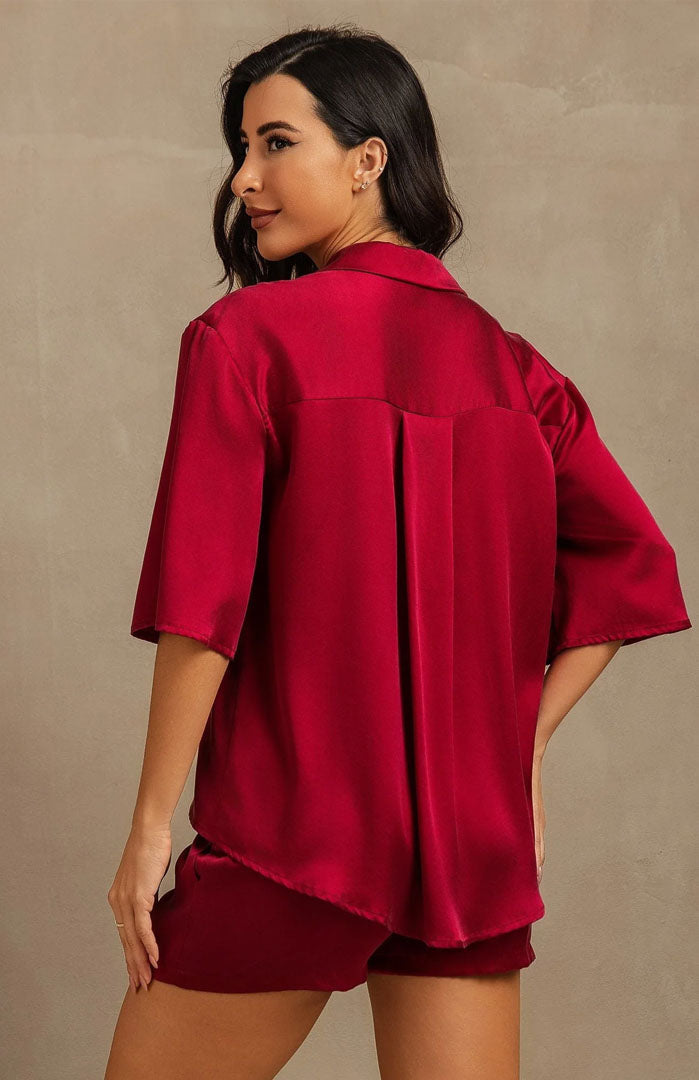 The Ruby Red | Satin Shirt & Shorts Set