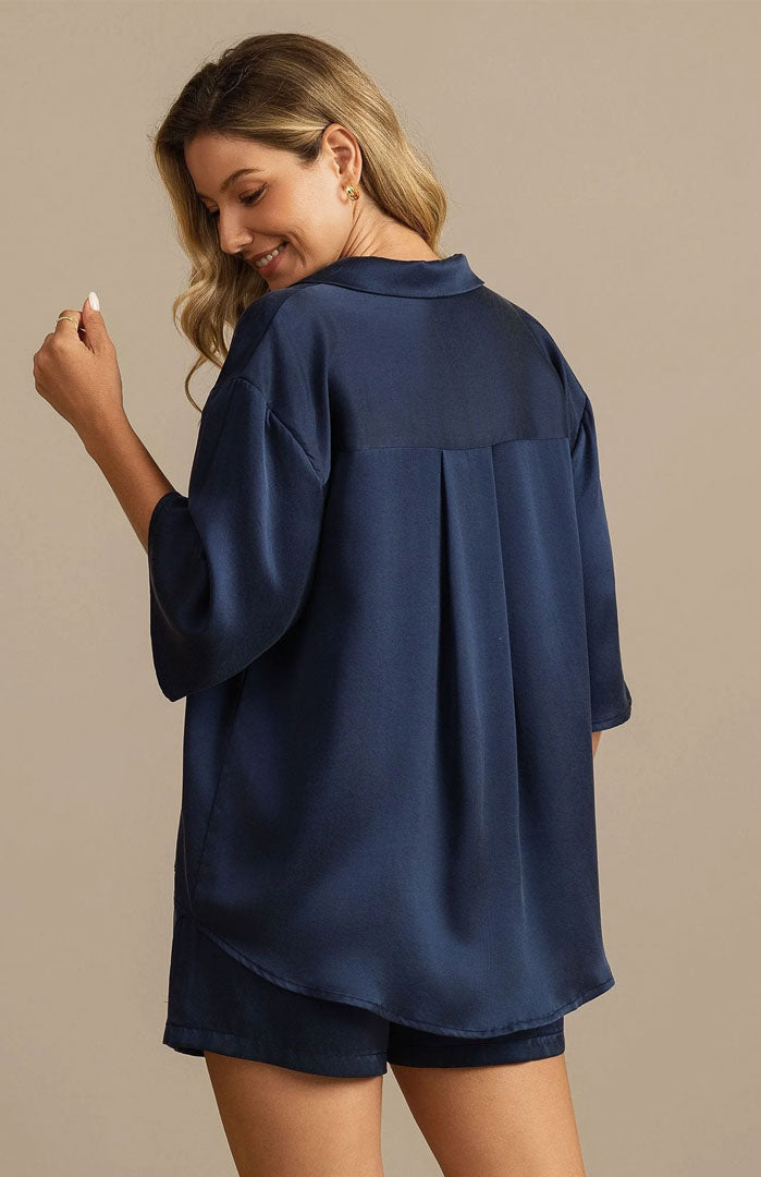 The Midnight Navy | Satin Shirt & Shorts Set