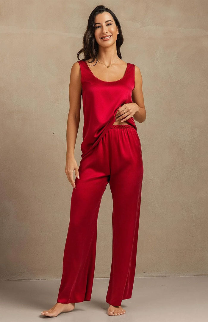 The Scarlet Allure | Red Satin Camisole & Pants Loungewear Set