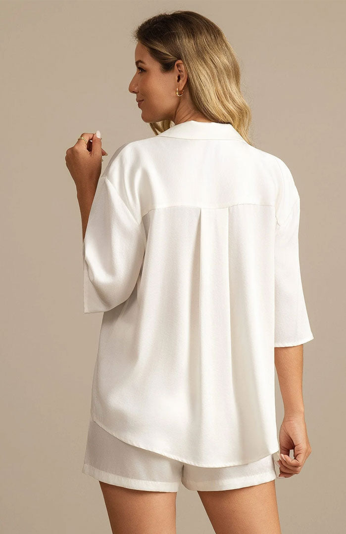 The Pearl White | Satin Shirt & Shorts Set