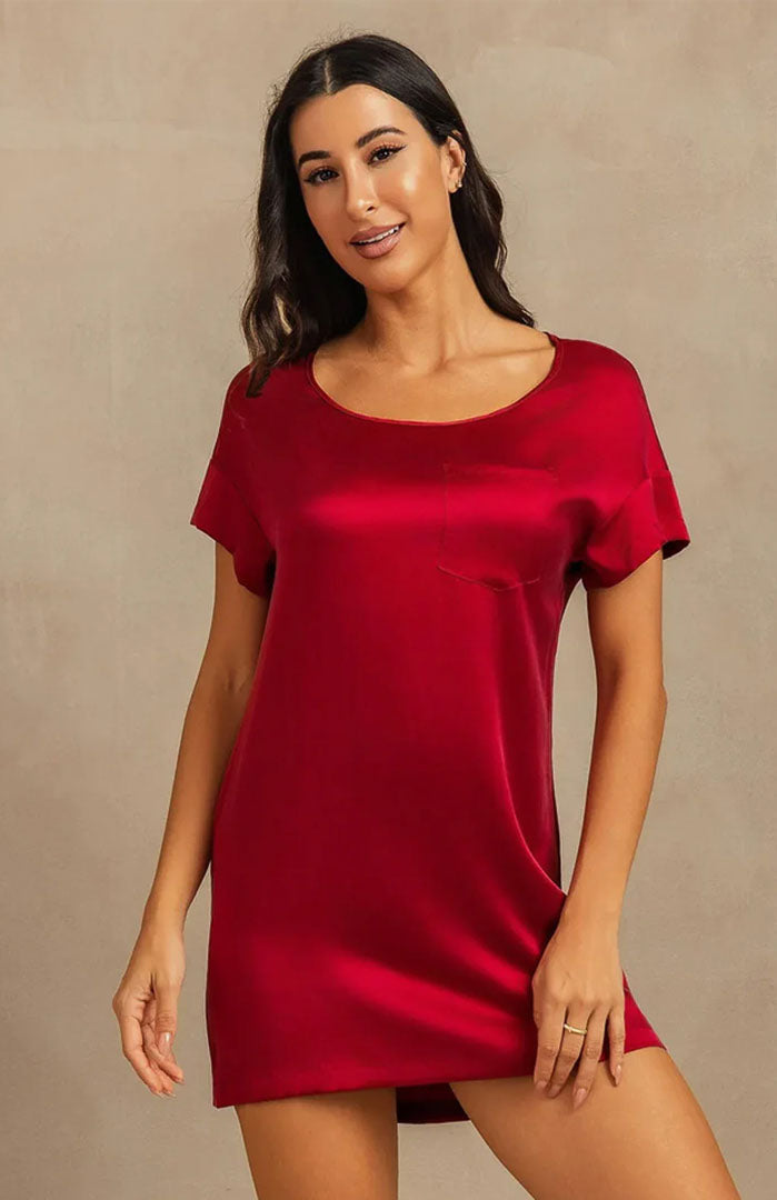 The Crimson Muse Lounge Dress – Luxury Satin Sleepwear