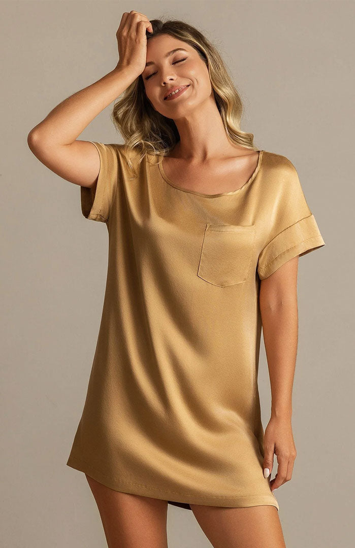The Gilded Champagne Lounge Dress – Luxury Gold Satin Sleepwear