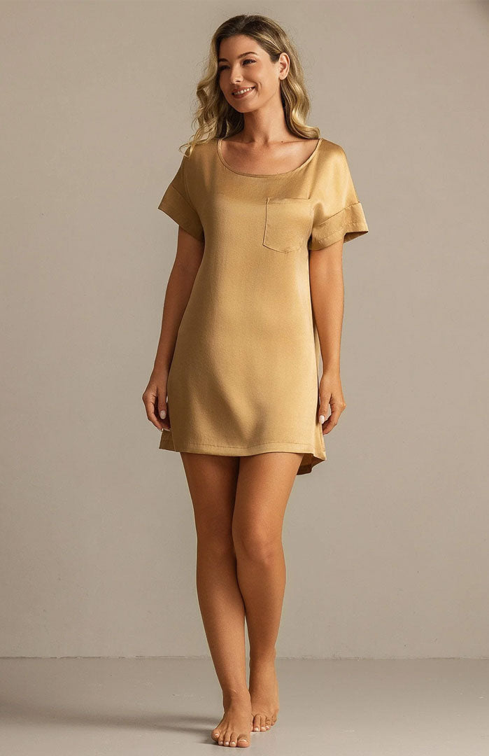 The Gilded Champagne Lounge Dress – Luxury Gold Satin Sleepwear