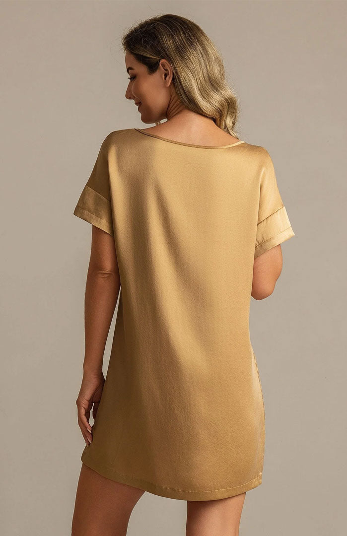 The Gilded Champagne Lounge Dress – Luxury Gold Satin Sleepwear