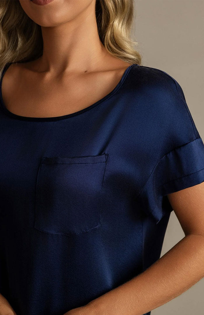The Navy Noir Lounge Dress – Luxury Satin Sleepwear