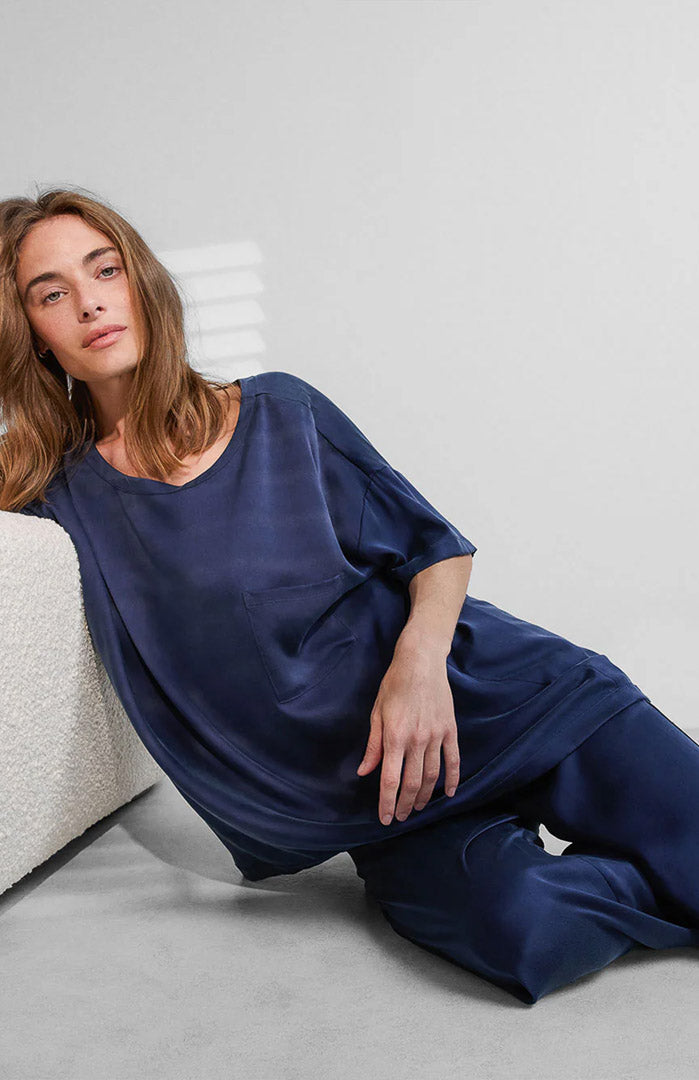 Midnight Maharani | Navy Blue Armani Satin Loungewear Set