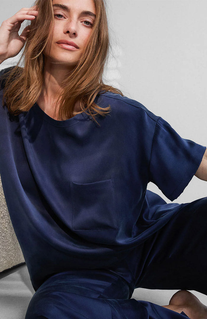 Midnight Maharani | Navy Blue Armani Satin Loungewear Set