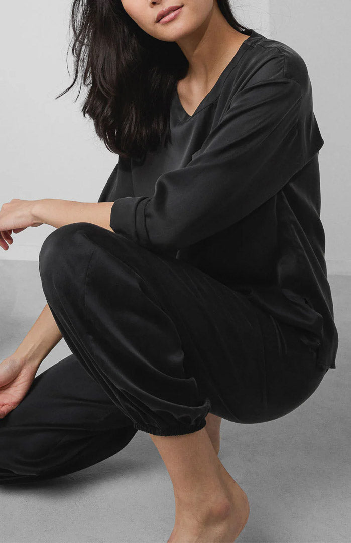 Midnight Melt | Black Satin Joggers Loungewear Set