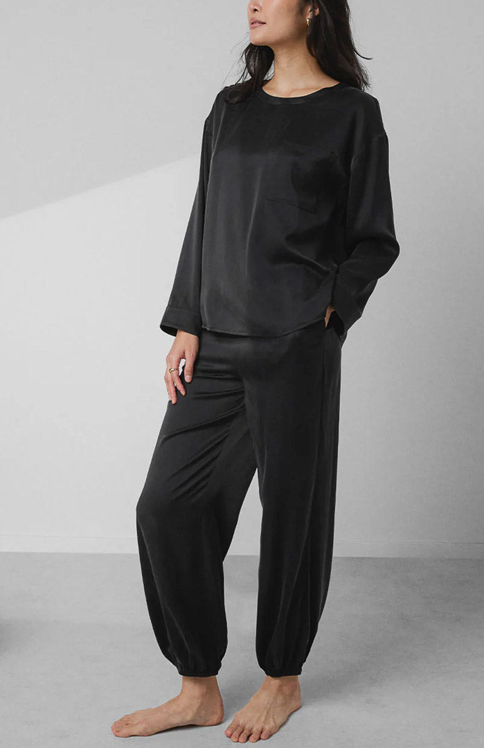 Midnight Melt | Black Satin Joggers Loungewear Set