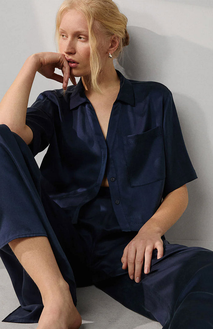 Navy Bloom | Navy Blue Armani Satin Lounge Set