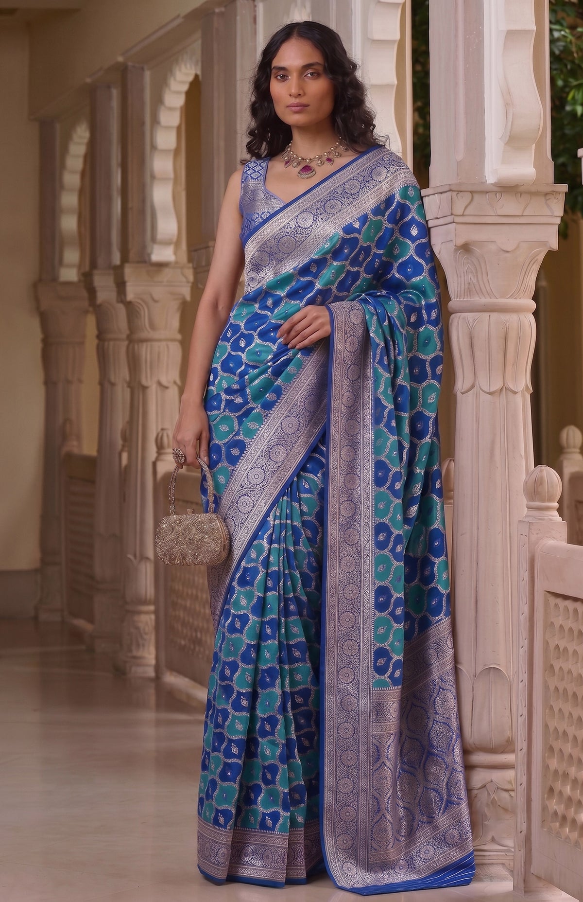 Begum Neelam | Royal Blue & Teal Handwoven Mashru Katan Banarasi Saree
