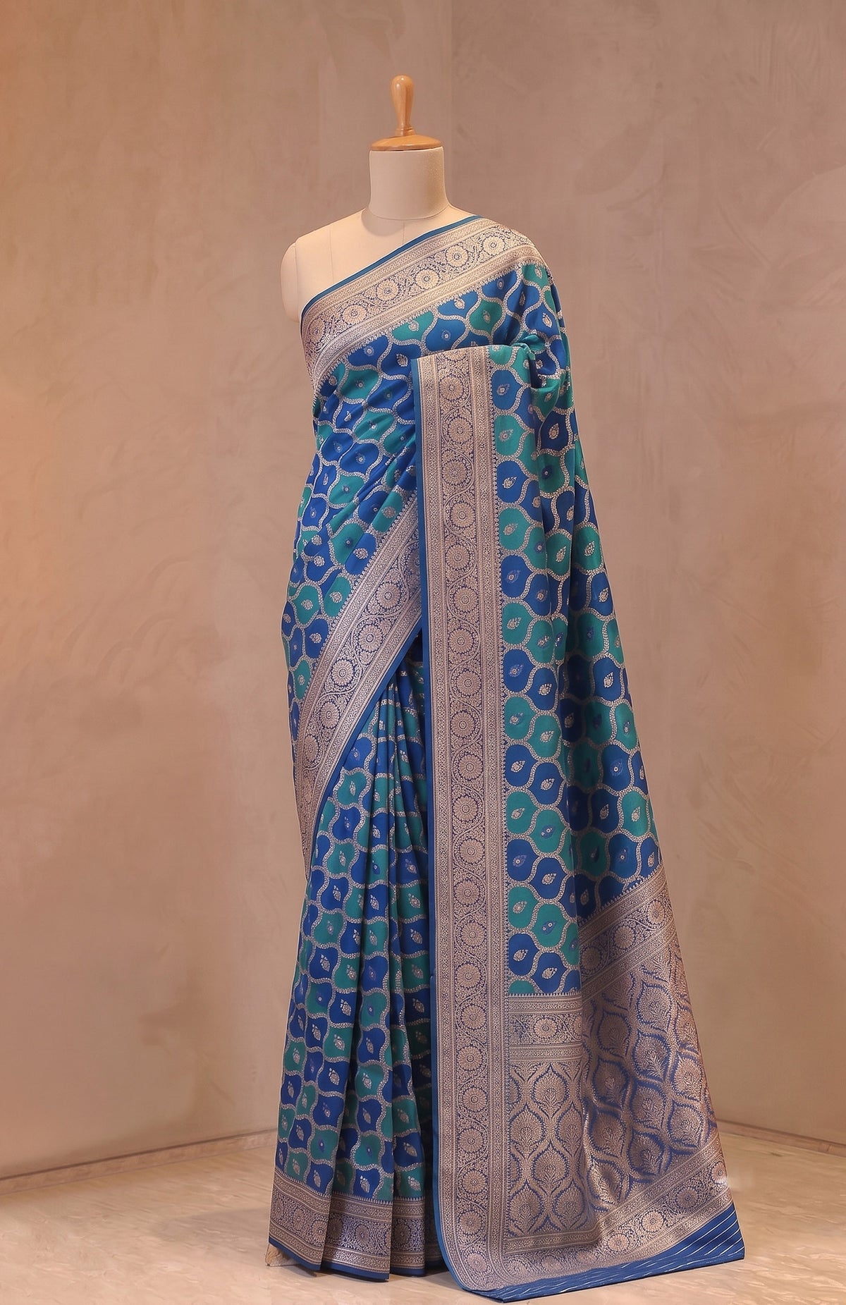 Begum Neelam | Royal Blue & Teal Handwoven Mashru Katan Banarasi Saree