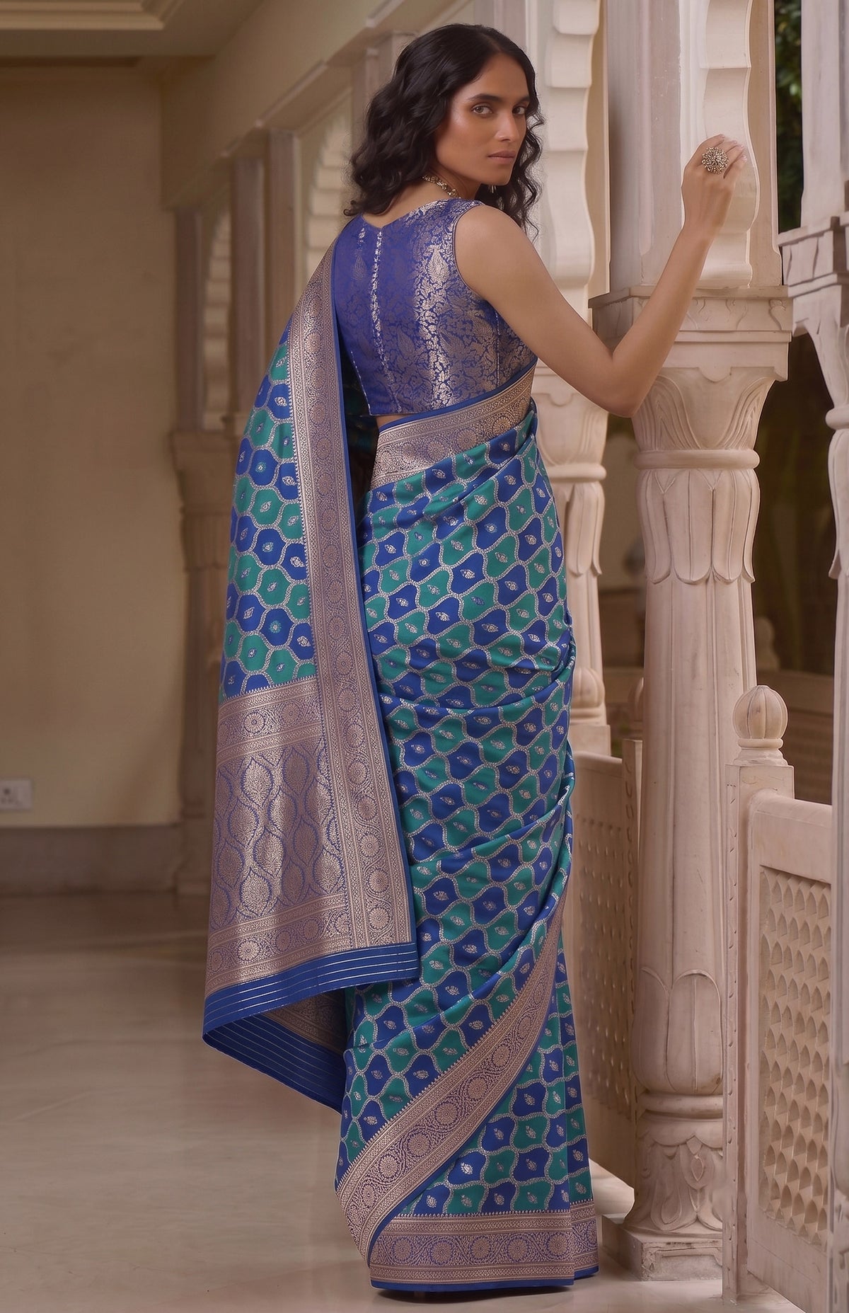 Begum Neelam | Royal Blue & Teal Handwoven Mashru Katan Banarasi Saree