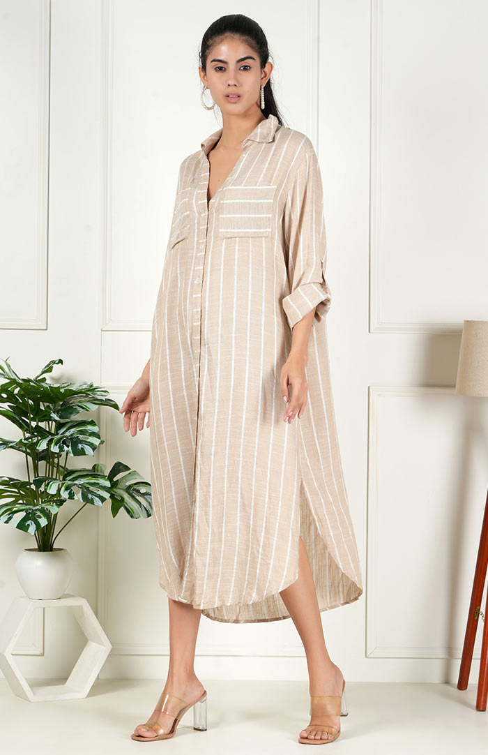 Beige Stripe Long Shirt | Shirt Dress