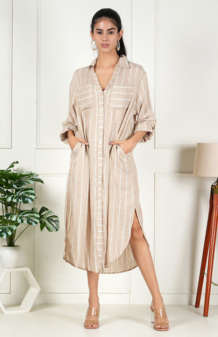 Buy Women Beige Stripe Long Shirt Shirt Dress Online | Luxeliv Buy Women Beige Stripe Long Shirt Shirt Dress Online | Luxeliv