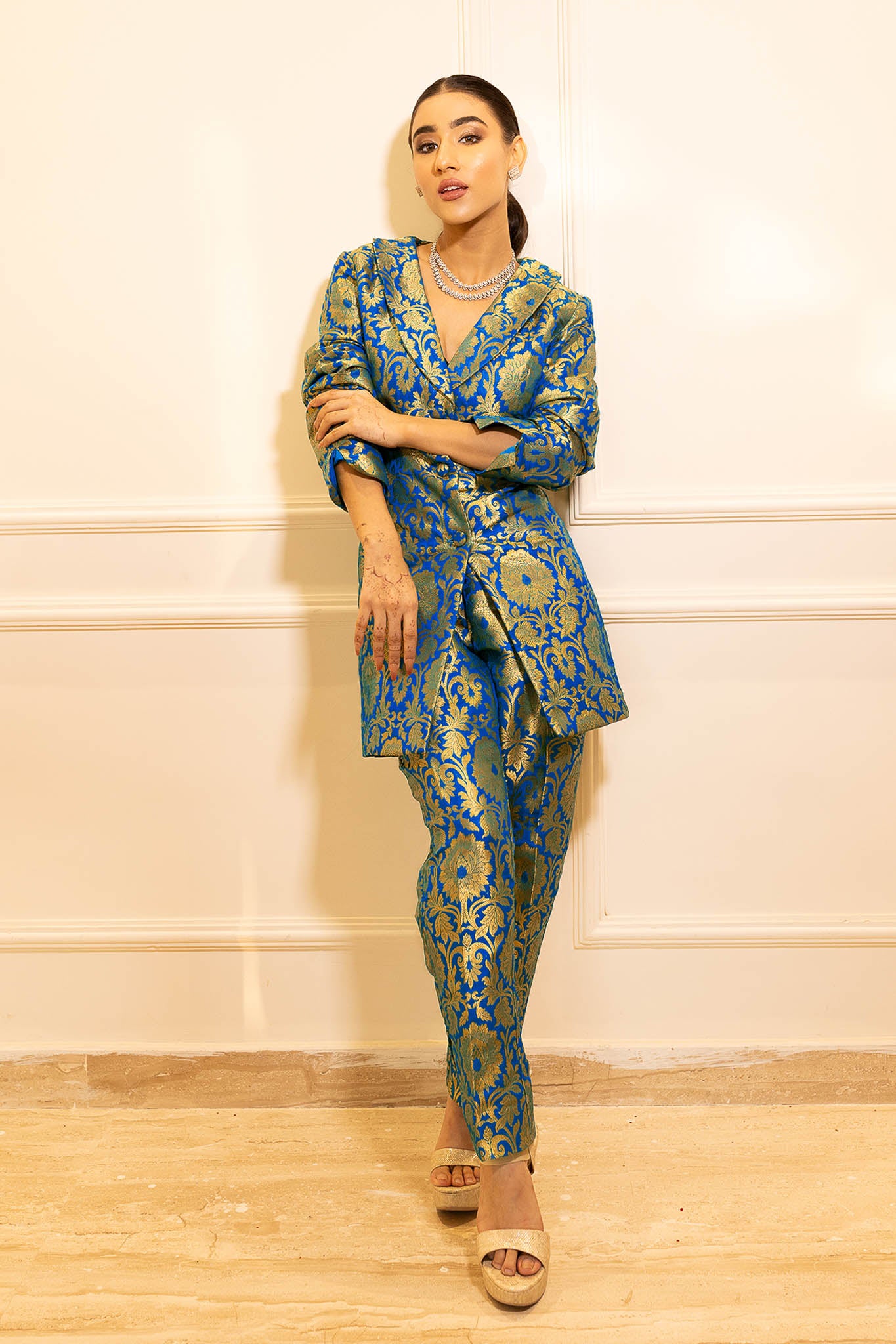 Blue Bahana | Royal Blue Brocade Pant Suit Set