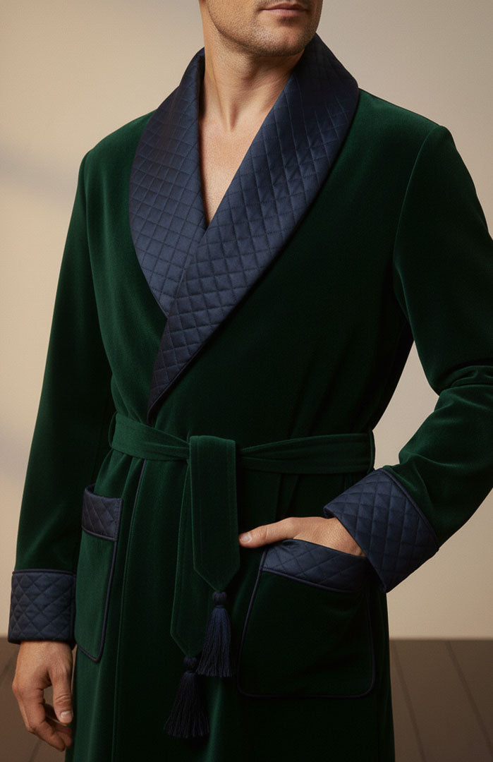 Swiss Green | BlueQuilted Velvet Winter Robe for Men